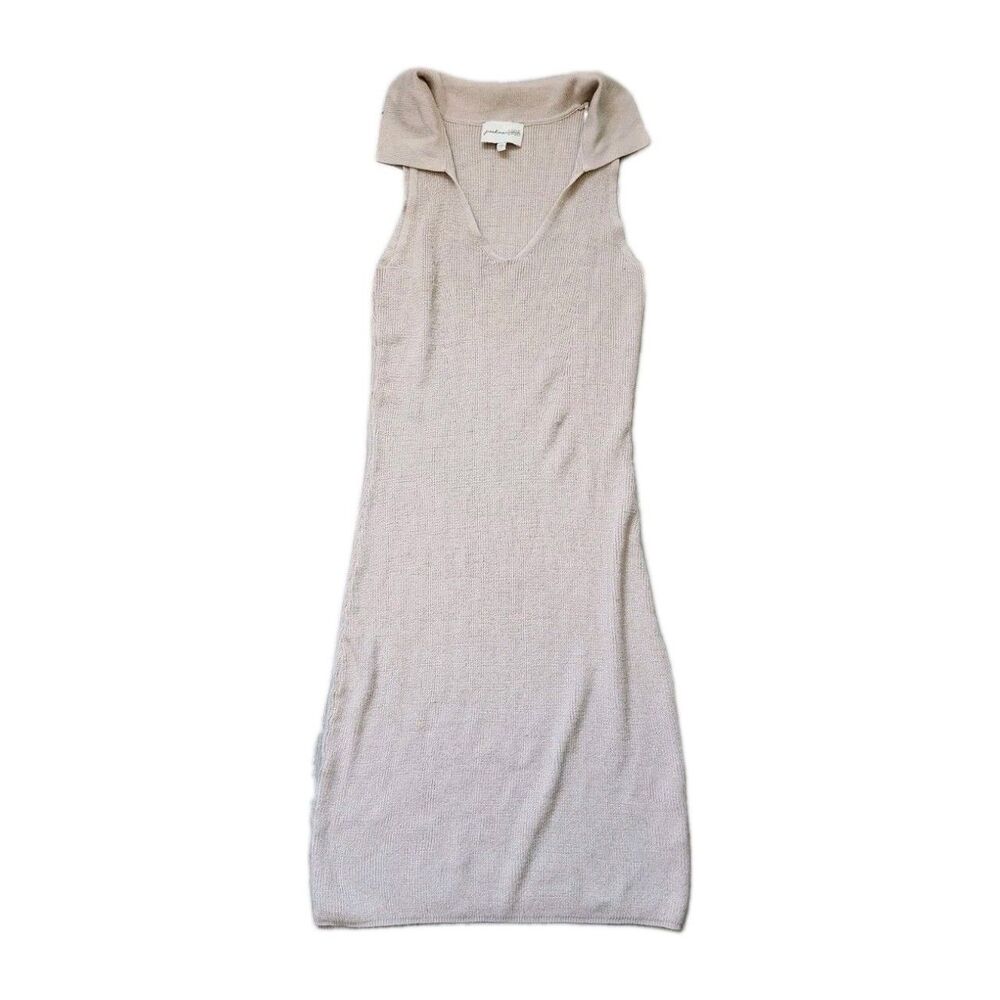 Freshman 1996 Tan Ribbed Sweater Dress Midi Sleeveless Collared Stretch Sz S GUC